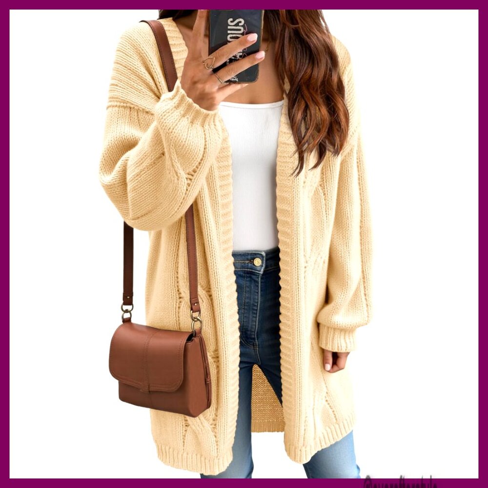 Cable Knit Lantern Sleeve Cardigan, Loose Fit Open Front Sweater Coat